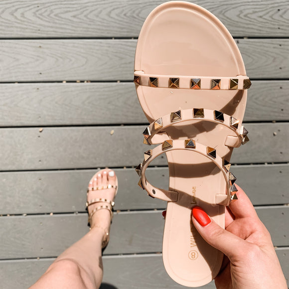 Three Strap Studded Jelly Sandal in Nude
